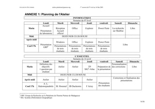 ATELIER DU PALUDISME atelier.paludisme@pasteur.mg 1er
session du 07 Avril au 16 Mai 2003
14/36
ANNEXE 1: Planning de l'Atelier
INFORMATIQUE
Semaine du 07 avril
Lundi Mardi Mercredi Jeudi vendredi Samedi Dimanche
Matin
Accueil
Présentation
du laboratoire
Réception
Accueil
officiel
Office Explorer Power Point La recherche
sur Medline
Libre
Midi DEJEUNER CLUB HOUSE
Après midi
Windows Office Explorer Power Point
Conf 17h
Présentation
GRP3 Présentations
de trois
étudiants
Présentations
de trois
étudiants
Présentations
de trois
étudiants
Présentations
de trois
étudiants
Libre
L’ESSENTIEL
Semaine du 14 avril
Lundi Mardi Mercredi Jeudi vendredi Samedi Dimanche
Matin
Définition des
objectifs:
1 question par
étudiant
Atelier Atelier TP
SIG4
–Atlas
Préparation de
la présentation
Personnalisation
des corrections Libre
Midi DEJEUNER CLUB HOUSE
Après midi Atelier Atelier Atelier Atelier
Conf 17h
A. L.
Rakotonjanabelo M. Hommel JB Duchemin F Ariey
Présentation
des étudiants
Corrections et finalisation des
présentations
3
GRP: Groupe de Recherche sur le Paludisme de l'Institut Pasteur de Madagascar
4
SIG: Système d'Information Géographique
 