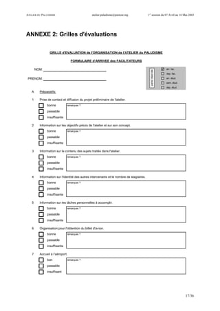 ATELIER DU PALUDISME atelier.paludisme@pasteur.mg 1er
session du 07 Avril au 16 Mai 2003
17/36
ANNEXE 2: Grilles d'évaluations
NOM: arr. fac.
dep. fac.
PRENOM: arr. étud.
sem. étud.
dep. étud.
A Préparatifs:
1 Prise de contact et diffusion du projet préliminaire de l'atelier.
bonne remarques ?
passable
insuffisante
2 Information sur les objectifs précis de l'atelier et sur son concept.
bonne remarques ?
passable
insuffisante
3 Information sur le contenu des sujets traités dans l'atelier.
bonne remarques ?
passable
insuffisante
4 Information sur l'identité des autres intervenants et le nombre de stagiaires.
bonne remarques ?
passable
insuffisante
5 Information sur les tâches personnelles à accomplir.
bonne remarques ?
passable
insuffisante
6 Organisation pour l'obtention du billet d'avion.
bonne remarques ?
passable
insuffisante
7 Accueil à l'aéroport.
bon remarques ?
passable
insuffisant
GRILLE d'EVALUATION de l'ORGANISATION de l'ATELIER du PALUDISME
FORMULAIRE d'ARRIVEE des FACILITATEURS
partieréservée
 
