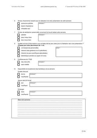 ATELIER DU PALUDISME atelier.paludisme@pasteur.mg 1er
session du 07 Avril au 16 Mai 2003
25/36
6 Niveau d'autonomie ressenti pour la réalisation de votre présentation de cette semaine
autonomie parfaite remarques ?
besoin d'assistance
infaisable seul
7 Niveau de satisfaction personnelle concernant le travail réalisé cette semaine
satisfait remarques ?
peux mieux faire
dois mieux faire
8 Quelles sources d'informations vous ont-elles été les plus utiles pour la réalisation des votre présentation ?
(Classez par ordre décroissant de 1 à 4)
connaissances personnelles autres ?
Internet (sites généraux sur le paludisme)
Internet (revues scientifiques spécialisées)
bibliothèque (articles sur papier et livres)
9 Conférences de 17h00
très instructifs remarques ?
sans intérêts
10 Disponibilité et encadrement des facilitateurs de la semaine
Qualité d'écoute
bonne remarques ?
insuffisante
Appuis dans le travail
bon remarques ?
insuffisant
Echanges
bons remarques ?
insuffisants
Bilan de la semaine
 