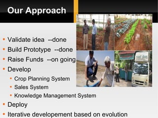Our Approach Validate idea --done Build Prototype --done Raise Funds --on going Develop Crop Planning System Sales System Knowledge Management System Deploy Iterative developement based on evolution