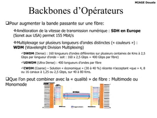 Backbones d’Opérateurs Pour augmenter la bande passante sur une fibre: Amélioration de la vitesse de transmission numérique :  SDH en Europe  (Sonet aux USA) permet 155 Mbit/s Multiplexage sur plusieurs longueurs d’ondes distinctes (« couleurs ») :  WDM  (Wavelenght Division Multiplexing) DWDM  (Dense) : 160 longueurs d’ondes différentes sur plusieurs centaines de Kms à 2,5 Gbps par longueur d’onde – soit : 160 x 2,5 Gbps = 400 Gbps par fibre) UDWDM  (Ultra Dense) : 400 longueurs d’ondes par fibre CWDM  (Coarse) – Solution « économique » (30 à 40 %) récente n’acceptant «que » 4, 8 ou 16 canaux à 1,25 ou 2,5 Gbps, sur 40 à 80 Kms. Que l’on peut combiner avec la « qualité » de fibre : Multimode ou Monomode 