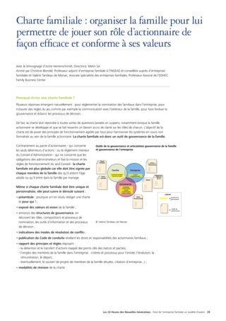 Les 24 Heures des Nouvelles Générations - Faire de l’entreprise familiale un modèle d’avenir 29
Charte familiale : organiser la famille pour lui
permettre de jouer son rôle d’actionnaire de
façon efficace et conforme à ses valeurs
Avec le témoignage d’Anne Herrenschmidt, Directrice, Metin SA
Animé par Christine Blondel, Professeur adjoint d’entreprise familiale à l’INSEAD et conseillère auprès d’entreprises
familiales et Valérie Tandeau de Marsac, Avocate spécialiste des entreprises familiales, Professeur Associé de l’EDHEC
Family Business Center
Pourquoi écrire une charte familiale ?
Plusieurs réponses émergent naturellement : pour réglementer la nomination des familiaux dans l’entreprise, pour
instaurer des règles du jeu comme par exemple la communication avec l’extérieur de la famille, pour faire évoluer la
gouvernance et éclaircir les processus de décision…
De fait, la charte doit répondre à toutes sortes de questions laissées en suspens, notamment lorsque la famille
actionnaire se développe et que se fait ressentir un besoin accru de clarté sur les rôles de chacun. L’objectif de la
charte est de poser des principes de fonctionnement agréés par tous pour harmoniser les systèmes en cours non
formalisés au sein de la famille actionnaire. La charte familiale est donc un outil de gouvernance de la famille.
Contrairement au pacte d’actionnaires - qui concerne
les seuls détenteurs d’actions - ou le règlement intérieur
du Conseil d’Administration - qui ne concerne que les
obligations des administrateurs et fixe la mission et les
règles de fonctionnement du seul Conseil - la charte
familiale est plus globale car elle doit être signée par
chaque membre de la famille dès qu’il atteint l’âge
adulte ou qu’il entre dans la famille par mariage.
Même si chaque charte familiale doit être unique et
personnalisée, elle peut suivre le déroulé suivant :
• préambule : pourquoi a-t-on voulu rédiger une charte
et pour qui ? ;
• exposé des valeurs et vision de la famille ;
• annonce des structures de gouvernance, en
décrivant les rôles, compositions et processus de
nomination, les outils d’information et des processus
de décision ;
• indications des modes de résolution de conflits ;
• publication du Code de conduite révélant les droits et responsabilités des actionnaires familiaux ;
• rapport des principes et règles régissant :
- la détention et le transfert d’actions (rappel des points clés des statuts et pactes),
- l’emploi des membres de la famille dans l’entreprise : critères et processus pour l’entrée, l’évolution, la
rémunération, le départ,
- éventuellement, le soutien de projets de membres de la famille (études, création d’entreprise...) ;
• modalités de révision de la charte.
Outils de la gouvernance et articulation gouvernance de la famille
et gouvernance de l'entreprise
© Valérie Tandeau de Marsac
 