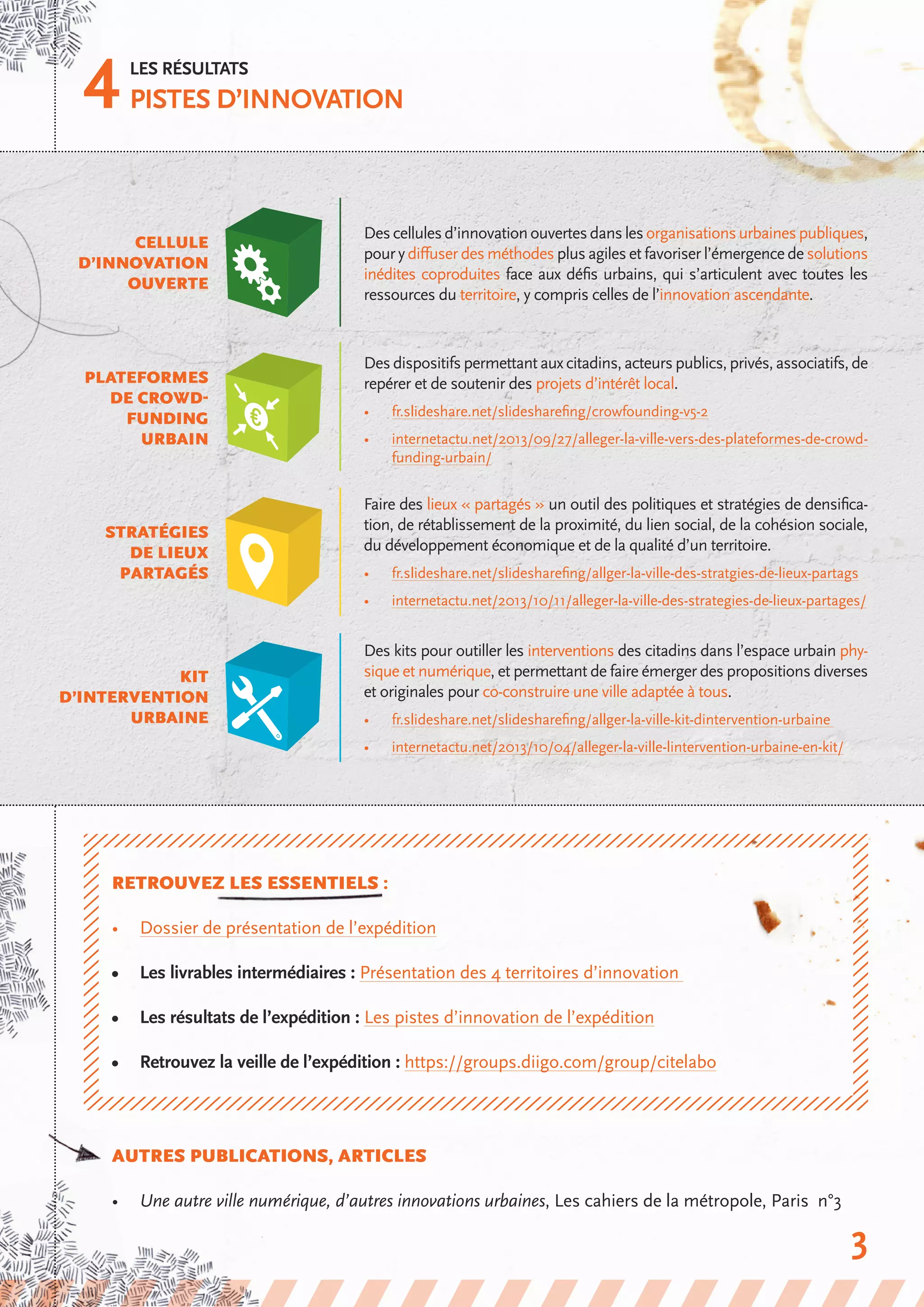 4Les résultats
Pistes d’innovation
cellule
d’innovation
ouverte
Plateformes
de crowd-
funding
urbain
Desdispositifspermettantauxcitadins,acteurspublics,privés,associatifs,de
repérer et de soutenir des projets d’intérêt local.
•	 fr.slideshare.net/slidesharefing/crowfounding-v5-2
•	 internetactu.net/2013/09/27/alleger-la-ville-vers-des-plateformes-de-crowd-
funding-urbain/
stratégies
de lieux
partagés
Faire des lieux « partagés » un outil des politiques et stratégies de densifica-
tion, de rétablissement de la proximité, du lien social, de la cohésion sociale,
du développement économique et de la qualité d’un territoire.
•	 fr.slideshare.net/slidesharefing/allger-la-ville-des-stratgies-de-lieux-partags
•	 internetactu.net/2013/10/11/alleger-la-ville-des-strategies-de-lieux-partages/
Kit
d’intervention
urbaine
Des kits pour outiller les interventions des citadins dans l’espace urbain phy-
sique et numérique, et permettant de faire émerger des propositions diverses
et originales pour co-construire une ville adaptée à tous.
•	 fr.slideshare.net/slidesharefing/allger-la-ville-kit-dintervention-urbaine
•	 internetactu.net/2013/10/04/alleger-la-ville-lintervention-urbaine-en-kit/
RETROUVEZ LES ESSENTIELS :
•	 Dossier de présentation de l’expédition
•	 Les livrables intermédiaires : Présentation des 4 territoires d’innovation
•	 Les résultats de l’expédition : Les pistes d’innovation de l’expédition
•	 Retrouvez la veille de l’expédition : https://groups.diigo.com/group/citelabo
AUTRES PUBLICATIONS, ARTICLES
•	 Une autre ville numérique, d’autres innovations urbaines, Les cahiers de la métropole, Paris n°3
Descellulesd’innovationouvertesdanslesorganisationsurbainespubliques,
poury diffuser des méthodes plus agiles et favoriser l’émergence desolutions
inédites coproduites face aux défis urbains, qui s’articulent avec toutes les
ressources du territoire, y compris celles de l’innovation ascendante.
3
 