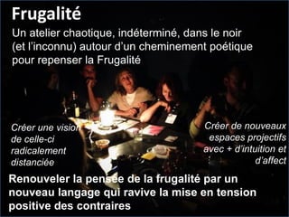 Frugalité
Un atelier chaotique, indéterminé, dans le noir
(et l’inconnu) autour d’un cheminement poétique
pour repenser la Frugalité

Créer une vision
de celle-ci
radicalement
distanciée

Créer de nouveaux
espaces projectifs
avec + d’intuition et
d’affect

Renouveler la pensée de la frugalité par un
nouveau langage qui ravive la mise en tension
positive des contraires

 