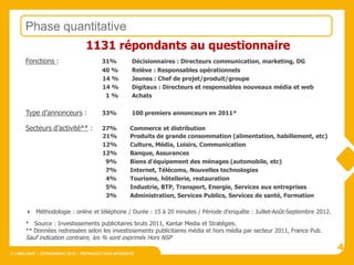 Phase quantitative
                                 1131 répondants au questionnaire
      Fonctions :                       31%          Décisionnaires : Directeurs communication, marketing, DG
                                        40 %         Relève : Responsables opérationnels
                                        14 %         Jeunes : Chef de projet/produit/groupe
                                        14 %         Digitaux : Directeurs et responsables nouveaux média et web
                                         1%          Achats

      Type d’annonceurs :               33%          100 premiers annonceurs en 2011*

      Secteurs d’activité** :           27%         Commerce et distribution
                                        21%         Produits de grande consommation (alimentation, habillement, etc)
                                        12%         Culture, Média, Loisirs, Communication
                                        12%         Banque, Assurances
                                         9%         Biens d'équipement des ménages (automobile, etc)
                                         7%         Internet, Télécoms, Nouvelles technologies
                                         4%         Tourisme, hôtellerie, restauration
                                         5%         Industrie, BTP, Transport, Energie, Services aux entreprises
                                         3%         Administration, Services Publics, Services de santé, Formation

       Méthodologie : online et téléphone / Durée : 15 à 20 minutes / Période d’enquête : Juillet-Août-Septembre 2012.

      * Source : Investissements publicitaires bruts 2011, Kantar Media et Stratégies.
      ** Données redressées selon les investissements publicitaires média et hors média par secteur 2011, France Pub.
      Sauf indication contraire, les % sont exprimés Hors NSP
                                                                                                                          4
© LIMELIGHT – OPINIONWAY 2012 – REPRODUCTION INTERDITE
 