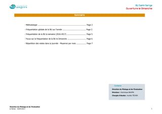 BU Saint-Serge
Ouverture le Dimanche
Novembre
Décembre311 342
Janvier248 262
Février267 277 Direction du Pilotage et de l'Evaluation
Mars 348 329 Directeur : Dominique BAUPIN
Avril 348 327 Chargée d'études : Aurélia TÉCHER
Mai 298 279
Juin 273 270
Sommaire
Contacts
- Méthodologie ................................................................................... Page 2
- Fréquentation globale de la BU sur l'année ........................................ Page 3
- Fréquentation de la BU la semaine (2016-2017) ................................. Page 5
- Focus sur la fréquentation de la BU le Dimanche ................................ Page 6
- Répartition des visites dans la journée - Moyenne par mois ................. Page 7
Direction du Pilotage et de l'Evaluation
A.Técher - 03/07/2017 1
 