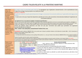 CADRE ITALIEN RELATIF A LA PIRATERIE MARITIME

vols à main          ((1) delitti contro la personalità dello Stato) c. 1-4 témoignent que l’application extraterritoriale se fait essentiellement dans
armée, les           l’objectif de protéger la personnalité et les intérêts de l’Etat)
détournements        ARTICLE 7.5 PREVOIT
de navires privés,   5) ogni altro reato per il quale speciali disposizioni di legge o convenzioni internazionali stabiliscono l`applicabilità della legge penale
les prises           italiana.
d'otages, commis       5. [tout autre crime pour lequel des dispositions spéciales par la loi ou des conventions internationales établissent l’application de
en haute mer ou                                                                  la loi pénale italienne]
sur une terra
nullius contre un    Voir également l’art. 14 du code de la navigation “Competenza giurisdizionale »
                     Oltre che nei casi previsti dall' articolo 4 del codice di procedura civile, le domande riguardanti urto di navi o di aeromobili ovvero assistenza, salvataggio o ri-
navire qui ne bat    cupero in alto mare o in altro luogo o spazio non soggetto alla sovranità di alcuno Stato possono proporsi avanti i giudici della Repubblica, se la nave o l' aero-
pas le pavillon de   mobile che ha cagionato l' urto o che è stato assistito o salvato, ovvero le persone salvate o le cose salvate o ricuperate si trovano nella Repubblica.
cet Etat et          Article plus général créant néanmoins une base non pas pour incriminée mais plutôt pour permettre une application
lorsque les          extraterritoriale de la loi italienne
ressortissants de    Ainsi : article 7.5 du code pénal, accessoirement l’article 14 du c.nav.
l'Etat en question
ne sont ni les       NEANMOINS après la décision 2009/293 PESC et les accords avec le Kenya la juridiction italienne a été limitée (loi 22 juillet 2009, n. 100 « Conversione in
victimes, ni les     legge del decreto-legge 15 giugno 2009, n. 61 ») :
auteurs ?            les forces armées peuvent,
                       sur la base des accords internationaux et de la politique PESC (article 2.1.e ; voir aussi l’article 12 de la décision 2008/851/PESC) et dans l’attente de définir la
                                                                                                                                                                  juridiction compétente,
                     capturer les pirates, saisir les navires, sauver les personnes, …
                     mais la juridiction italienne (notamment de son juge) est limitée aux actes mettant en cause les navires, les biens ou les citoyens italiens (voir après).
                     En outre des lors qu’il s’agit de l’Etat ou de personnes/biens italiens ayant participé à l’opération, la saisie est soumise au préalable accord du ministère de la
                     justice écouté le ministère de la défense (article 5.4).
Existe-t-il une                Oui, article 1135 et 1136 du code                                                             Articles 100-105 CNUDM
incrimination                  de la navigation (Partie Troisième ;                           (Italie : signature en 1985 ; exécutive en 1994 par Loi n. 689 de 2 décembre 1994)
spécifique de la               Livre Premier ; Titre II : Délits                 Article 101. Définition de la piraterie
piraterie ?                    particuliers)                                     On entend par piraterie l'un quelconque des actes suivants :
Différences entre              http://www.marinaio.it/Codice                     a) tout acte illicite de violence ou de détention ou toute déprédation commis par
la définition                  %20Navigazione/CN/Codice                          l'équipage ou des passagers d'un navire ou d'un aéronef privé, agissant à des fins
internationale et              %20navigazione1088-1160.htm                       privées, et dirigé :
les définitions                   Art. 1135 - Pirateria                          i) contre un autre navire ou aéronef, ou contre des personnes ou des biens à leur
nationales.          1. Il comandante o l'ufficiale di nave naziona-             bord, en haute mer;
 