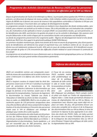 Les fonds du programme proviennent d’un organisme public : l’Agence de développement Social et d’un fonds
collecté par l’ALCS lors d’un appel à la générosité publique (SIDACTION Maroc).
Les premiers résultats montrent que, après trois années de la mise en œuvre du programme, plus d’une quaran-
d’entre eux ont totalement remboursé le prêt, 43% sont en cours de remboursement, 34 % bénéﬁcient encore
leur projet
Le programme est actuellement en cours d’extension avec un élargissement géographique prévu sur 10 villes et
infectées et aﬀectées par le VIH au Maroc
L’ALCS est considérée comme une composante essen-
caine s’intéressant à la défense des droits humains en
général.
L’ALCS a toujours soutenu le respect total du droit des
frappe les femmes et les hommes vivant avec le VIH,
Dans ce cadre, en 2008/2009, l’ALCS a mis en place une
vivant avec le VIH et d’élaborer une stratégie de
sont tenues en janvier 2010 à Marrakech sur le thème «
qui ont rassemblé plus de 300 personnes, dont les
comparaison avec d’autres pays ayant déjà mis en
vision plus complète de la nature et de la fréquence
construire la réponse la plus appropriée à ces viola-
A l’issue de ces assises,
le sida et inciter toutes
.étiroirpenueriaf
Défense des droits des personnes
14
 