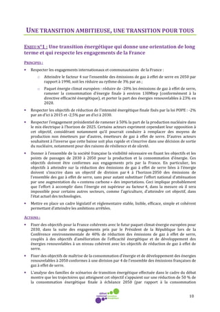 10
UNE TRANSITION AMBITIEUSE, UNE TRANSITION POUR TOUS
ENJEU N°1 : Une transition énergétique qui donne une orientation de long
terme et qui respecte les engagements de la France
PRINCIPES :
• Respecter les engagements internationaux et communautaires de la France :
o Atteindre le facteur 4 sur l’ensemble des émissions de gaz à effet de serre en 2050 par
rapport à 1990, soit les réduire au rythme de 3% par an ;
o Paquet énergie climat européen : réduire de -20% les émissions de gaz à effet de serre,
ramener la consommation d’énergie finale à environ 130Mtep (conformément à la
directive efficacité énergétique), et porter la part des énergies renouvelables à 23% en
2020.
• Respecter les objectifs de réduction de l’intensité énergétique finale fixés par la loi POPE : -2%
par an d’ici à 2015 et -2,5% par an d’ici à 2030.
• Respecter l’engagement présidentiel de ramener à 50% la part de la production nucléaire dans
le mix électrique à l’horizon de 2025. Certains acteurs expriment cependant leur opposition à
cet objectif, considérant notamment qu’il pourrait conduire à remplacer des moyens de
production non émetteurs par d’autres, émetteurs de gaz à effet de serre. D’autres acteurs
souhaitent à l’inverse que cette baisse soit plus rapide et s’inscrive dans une décision de sortie
du nucléaire, notamment pour des raisons de résilience et de sûreté.
• Donner à l'ensemble de la société française la visibilité nécessaire en fixant les objectifs et les
points de passages de 2030 à 2050 pour la production et la consommation d’énergie. Ces
objectifs doivent être conformes aux engagements pris par la France. En particulier, les
objectifs à atteindre sur la réduction des émissions de gaz à effet de serre liées à l'énergie
doivent s'inscrire dans un objectif de division par 4 à l'horizon 2050 des émissions de
l'ensemble des gaz à effet de serre, sans pour autant substituer l’effort national d’atténuation
par une augmentation du « contenu carbone » des importations. Ceci implique probablement
que l'effort à accomplir dans l'énergie est supérieur au facteur 4, dans la mesure où il sera
impossible pour certains autres secteurs, comme l’agriculture, d’atteindre cet objectif, dans
l’état actuel des technologies.
• Mettre en place un cadre législatif et réglementaire stable, lisible, efficace, simple et cohérent
permettant d’atteindre les ambitions arrêtées.
ACTIONS :
• Fixer des objectifs pour la France cohérents avec le futur paquet climat-énergie européen pour
2030, dans la suite des engagements pris par le Président de la République lors de la
Conférence environnementale de 40% de réduction des émissions de gaz à effet de serre,
couplés à des objectifs d’amélioration de l’efficacité énergétique et de développement des
énergies renouvelables à un niveau cohérent avec les objectifs de réduction de gaz à effet de
serre.
• Fixer des objectifs de maîtrise de la consommation d'énergie et de développement des énergies
renouvelables à 2050 conformes à une division par 4 de l'ensemble des émissions françaises de
gaz à effet de serre.
• L’analyse des familles de scénarios de transition énergétique effectuée dans le cadre du débat
montre que les trajectoires qui atteignent cet objectif s’appuient sur une réduction de 50 % de
la consommation énergétique finale à échéance 2050 (par rapport à la consommation
 