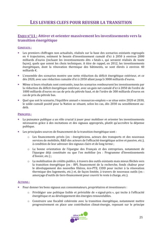 25
LES LEVIERS CLEFS POUR REUSSIR LA TRANSITION
ENJEU N°11 : Attirer et orienter massivement les investissements vers la
transition énergétique
CONSTATS :
• Les premiers chiffrages non actualisés, réalisés sur la base des scenarios existants regroupés
en 4 trajectoires, estiment le besoin d’investissement cumulé d’ici à 2050 à environ 2000
milliards d’euros (incluant les investissements dits « fatals », qui seraient réalisés de toute
façon), quels que soient les choix techniques. A titre de rappel, en 2012, les investissements
énergétiques, dont la rénovation thermique des bâtiments, se sont élevés à environ 40
milliards €.
• L’ensemble des scenarios montre une nette réduction du déficit énergétique extérieur, et ce
dès 2020, avec une réduction cumulée d’ici à 2050 allant jusqu’à 3000 milliards d’euros.
• Même si leurs résultats sont contrastés, tous les scenarios remboursent les investissements par
la réduction du déficit énergétique extérieur, avec un gain net cumulé d’ici à 2050 de l’ordre de
1000 milliards d’euros en cas de prix du pétrole haut, et de l’ordre de 300 milliards d’euros en
cas de prix du pétrole bas.
• Quel que soit le scenario, l’équilibre annuel « ressources-emplois » se situe entre 2020 et 2030,
le solde cumulé positif pour la Nation se situant, selon les cas, dès 2030 ou sensiblement au-
delà.
PRINCIPES :
• La puissance publique a un rôle crucial à jouer pour mobiliser et orienter les investissements
nécessaires grâce à des incitations et des signaux appropriés, plutôt qu’accroître la dépense
publique.
• Les principales sources de financement de la transition énergétique sont :
o Les financements privés (ex : énergéticiens, acteurs des transports et des nouveaux
services de mobilités, R&D des acteurs de l’efficacité énergétique active et passive, etc.),
à condition de leur adresser des signaux clairs et de long terme ;
o La bonne orientation de l’épargne des Français et des entreprises, notamment de
l’épargne déjà constituée ou que l’on mobilise (ex : Programme d’Investissements
d’Avenir, etc.) ;
o La mobilisation de crédits publics, à travers des outils existants mais mieux fléchés vers
la transition énergétique (ex : BPI, financement de la recherche, fonds chaleur pour
le développement des nouvelles filières, éco-PTZ, CIDD pour inciter à la rénovation
thermique des logements, etc.) et, de façon limitée, à travers de nouveaux outils (ex :
amorçage d’outils de tiers-financement pour couvrir le reste à charge, etc.).
ACTIONS :
• Pour donner les bons signaux aux consommateurs, propriétaires et investisseurs :
o Privilégier une politique lisible et prévisible de « signal-prix », qui incite à l’efficacité
énergétique et au développement des énergies renouvelables.
o Construire une fiscalité cohérente avec la transition énergétique, notamment mettre
progressivement en place une contribution climat-énergie, reposant sur le principe
 