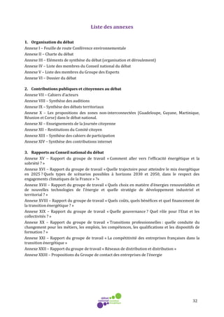 32
Liste des annexes
1. Organisation du débat
Annexe I – Feuille de route Conférence environnementale
Annexe II – Charte du débat
Annexe III – Eléments de synthèse du débat (organisation et déroulement)
Annexe IV – Liste des membres du Conseil national du débat
Annexe V – Liste des membres du Groupe des Experts
Annexe VI – Dossier du débat
2. Contributions publiques et citoyennes au débat
Annexe VII – Cahiers d’acteurs
Annexe VIII – Synthèse des auditions
Annexe IX – Synthèse des débats territoriaux
Annexe X – Les propositions des zones non-interconnectées (Guadeloupe, Guyane, Martinique,
Réunion et Corse) dans le débat national.
Annexe XI – Enseignements de la Journée citoyenne
Annexe XII – Restitutions du Comité citoyen
Annexe XIII – Synthèse des cahiers de participation
Annexe XIV – Synthèse des contributions internet
3. Rapports au Conseil national du débat
Annexe XV – Rapport du groupe de travail « Comment aller vers l’efficacité énergétique et la
sobriété ? »
Annexe XVI – Rapport du groupe de travail « Quelle trajectoire pour atteindre le mix énergétique
en 2025 ? Quels types de scénarios possibles à horizons 2030 et 2050, dans le respect des
engagements climatiques de la France » ?»
Annexe XVII – Rapport du groupe de travail « Quels choix en matière d’énergies renouvelables et
de nouvelles technologies de l’énergie et quelle stratégie de développement industriel et
territorial ? »
Annexe XVIII – Rapport du groupe de travail « Quels coûts, quels bénéfices et quel financement de
la transition énergétique ? »
Annexe XIX – Rapport du groupe de travail « Quelle gouvernance ? Quel rôle pour l’Etat et les
collectivités ? »
Annexe XX – Rapport du groupe de travail « Transitions professionnelles : quelle conduite du
changement pour les métiers, les emplois, les compétences, les qualifications et les dispositifs de
formation ? »
Annexe XXI – Rapport du groupe de travail « La compétitivité des entreprises françaises dans la
transition énergétique »
Annexe XXII – Rapport du groupe de travail « Réseaux de distribution et distribution »
Annexe XXIII – Propositions du Groupe de contact des entreprises de l’énergie
 