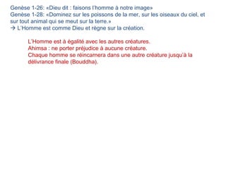 Genèse 1-26: «Dieu dit : faisons l’homme à notre image» Genèse 1-28: «Dominez sur les poissons de la mer, sur les oiseaux du ciel, et sur tout animal qui se meut sur la terre.»   L’Homme est comme Dieu et règne sur la création. L’Homme est à égalité avec les autres créatures. Ahimsa : ne porter préjudice à aucune créature. Chaque homme se réincarnera dans une autre créature jusqu’à la délivrance finale (Bouddha).  