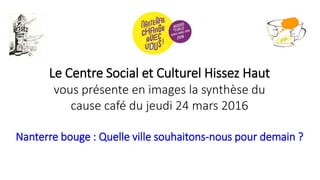 Le Centre Social et Culturel Hissez Haut
vous présente en images la synthèse du
cause café du jeudi 24 mars 2016
Nanterre bouge : Quelle ville souhaitons-nous pour demain ?
 