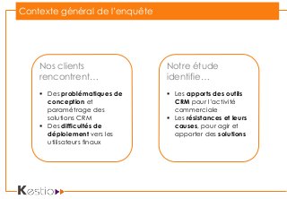 Contexte général de l’enquête
Nos clients
rencontrent…
 Des problématiques de
conception et
paramétrage des
solutions CRM
 Des difficultés de
déploiement vers les
utilisateurs finaux
Notre étude
identifie…
 Les apports des outils
CRM pour l’activité
commerciale
 Les résistances et leurs
causes, pour agir et
apporter des solutions
 