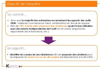 Objectifs de l’enquête
Un constat…
 Alors que la majorité des entreprises reconnaissent les apports des outils
CRM : meilleure connaissance client, amélioration du travail en équipe
 Près de 75% d’entre elles observent des résistances quant à leur utilisation
pour des raisons indépendantes de l’outil mis en place (ergonomie,
disponibilité des informations, etc.)
Un objectif…
 Identifier les causes de ses résistances afin de proposer des solutions pour
les dépasser et assurer le succès des projets de déploiement d’outils CRM.
 