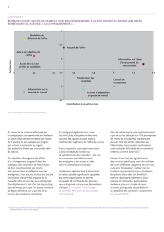 7 
En revanche la notation effectuée par 
les employeurs concernés met en évidence un score relativement modeste (de l’ordre de 5 points) ce qui souligne les progrès 
qui restent à accomplir au regard 
des ambitions fixées par la nouvelle offre 
de service. 
Ces résultats témoignent des effets 
d’un changement progressif dans les pratiques des conseillers de Pôle emploi 
et d’un investissement qui tend à s’accentuer dans les relations avec les entreprises. Pour autant, le recul est encore limité pour mesurer les impacts de la nouvelle offre de services aux entreprises. Son déploiement s’est effectué depuis trop peu de temps pour que l’on puisse conclure de façon définitive sur la portée et les limites des novations introduites. 
17. Selon l’enquête BMO 2014, environ 40% des établissements occupant de 1 à 19 salariés déclarent être confrontés à des difficultés de recrutement alors que cela ne concerne que 24,5% des établissements de plus de 200 salariés. 
Recueil de l'offreAide à la rédaction de l'offreModalités de diffusion de l'offreAccès direct à des profils de candidatsInformation sur le marché du travailInformation sur l'état d'avancement du recrutementPrésélection des candidatsConseil en recrutementActions d'adaptation au poste de travail4,555,566,5766,26,46,66,877,27,4Contribution à la satisfaction Satisfaction 
GRAPHIQUE 2 
ÉLÉMENTS CONSTITUTIFS DE SATISFACTION DES ÉTABLISSEMENTS AYANT DÉPOSÉ AU MOINS UNE OFFRE 
BÉNÉFICIANT DU SERVICE « ACCOMPAGNEMENT » 
Source : Pôle emploi, enquête auprès des entreprises 
Ils soulignent également en creux 
les difficultés auxquelles se heurtent souvent les équipes locales dans la 
maîtrise de l’ingénierie de l’offre de service. 
Pour y répondre, une expérimentation 
a ainsi été réalisée, fondée sur 
la spécialisation des conseillers : les uns 
se consacrant aux relations avec 
les employeurs, les autres à celles 
avec les demandeurs d’emploi. 
L’évaluation réalisée tend à démontrer 
la valeur ajoutée significative apportée 
par cette organisation en termes 
de qualité et d’efficacité des services aux entreprises comme aux demandeurs d‘emploi (cf. encadré 1 et Éclairage et Synthèse N°7 pour de plus amples informations). 
Dans le même esprit, une expérimentation a porté sur les services aux TPE (entreprises de moins de 20 salariés), représentant 
plus de 70% des offres collectées par 
Pôle emploi, mais souvent confrontées 
à de multiples difficultés de recrutement (internes comme externes) 17. 
Même s’il ne s’est pas agi de fournir 
des services spécifiques mais de mobiliser de façon différente la gamme des services existants, l’évaluation réalisée met en évidence que les entreprises considèrent 
les actions dont elles ont bénéficié 
comme répondant utilement à leurs besoins et contraintes particulières : meilleure prise en compte de leurs 
attentes, plus grande disponibilité et accessibilité des conseillers notamment 
(cf. encadré N°2).  