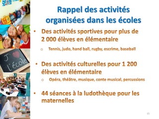 Rappel des activités
organisées dans les écoles
•
o

•
o

•

15

 