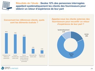 | 16 
Résultats de l’étude : Seules 12% des personnes interrogées appellent systématiquement les clients des fournisseurs pour obtenir un retour d’expérience de leur part 
Concernant les références clients, quels sont les éléments évalués ? 
Appelez-vous les clients externes des fournisseurs pour recueillir un retour d'expérience de leur part ?  