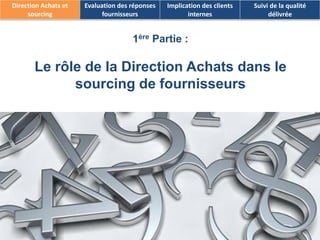 4 
1èrePartie : 
Le rôle de la Direction Achats dans le sourcing de fournisseurs 
Direction Achats et sourcing 
Evaluation des réponses fournisseurs 
Implication des clients internes 
Suivi de la qualité délivrée  