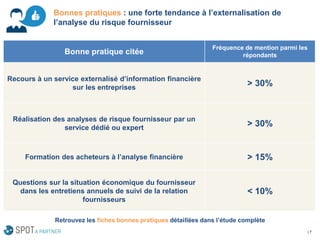 Bonne pratique citée 
Fréquence de mention parmi les répondants 
Recours à un service externalisé d’information financière sur les entreprises 
> 30% 
Réalisation des analyses de risque fournisseur par un service dédié ou expert 
> 30% 
Formation des acheteurs à l’analyse financière 
> 15% 
Questions sur la situation économique du fournisseur dans les entretiens annuels de suivi de la relation fournisseurs 
< 10% 
Bonnes pratiques : une forte tendance à l’externalisation de l’analyse du risque fournisseur 
| 7 
Retrouvez les fiches bonnes pratiques détaillées dans l’étude complète  