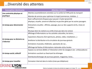 …Diversité des attentes
   Conception dominante                                                   Attentes relevées
Une contrainte physique et      Attentes essentiellement orientées sur le confort et l’efficacité du transport
psychique                       Attentes de services pour optimiser le trajet (commerces, toilettes…)
                                Avoir suffisamment d’espace pour pouvoir s’isoler (proximité
                                physique, visuelle, sonore et olfactive) ne pas être gêné par les autres passagers
Un temps pour déconnecter       Distractions visuelles : affiches, paysage, jeux sur des supports écrits, mises en
                                lumière…
                                Musique dans les stations ou arrêts (mais pas dans les rames)
                                Affichage d’informations sur les activités culturelles, les loisirs…
                                Expositions d’œuvres d’art (peintures, photos, vidéo, installations…)
Un temps pour se distraire ou
                                Améliorer la distribution et la circulation de journaux gratuits
s’informer
                                Animations musicales, théâtrales, spectacles de rue…
                                Affichage de flashes d’informations nationales et/ou locales
                                Espaces ou services dédiés à l’interaction entre les voyageurs (ex : ambassadeurs)
Un temps social, collectif      Animations suscitant ou favorisant les échanges
                                Distribution/échanges de journaux gratuits, magazines, livres…

Un temps pour travailler        Connexion Internet dans le métro (mais pas téléphone)


                                                      Etude sur la perception du temps et les activités des voyageurs sur le réseau TCL   11
 