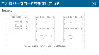 21こんなソースコードを想定している
hoge.c
void hoge(...){
...
foo_0(...);
...
foo_1(...);
foo_1(...);
}
void bar_0(...)
{
...
}
void foo_0(...)
{
...
bar_0(...);
...
}
void bar_1(...)
{
...
}
void foo_1(...)
{
...
bar_1(...);
...
}
Synverllはひとつのファイルしか処理しない
 