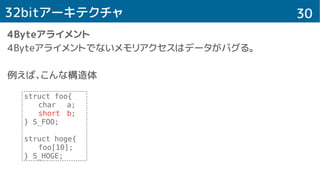 3032bitアーキテクチャ
4Byteアライメント
4Byteアライメントでないメモリアクセスはデータがバグる。
例えば、こんな構造体
struct foo{
char a;
short b;
} S_FOO;
struct hoge{
foo[10];
} S_HOGE;
 