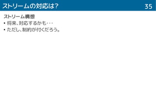 35ストリームの対応は？
ストリーム構想
●
将来、対応するかも・・・
●
ただし、制約が付くだろう。
 