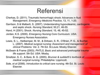 Referensi
Cherkas, D. (2011). Traumatic hemorrhagic shock: Advances in fluid
Management. Emergency Medicine Practice, 13, 11, 1-20.
Garrtson, S & Malberti, S. (2007). Understanding hypovoleamic, cardiogenic
and septic shock. Nursing Standard, 50,21, 46-55.
Hand, H (2001). Shock. Nursing Standard, 15, 48, 45-52.
Jordan, K.S. (2000). Emergency Nursing Core Curriculum. USA:
Emergency Nurses Association.
Lewis, S. L., Heitkemper, M. M., & Dirksen, S. R., O’Brien, P. G., & Bucher,
L. (2007). Medical surgical nursing: Assesment and management of
clinical Problems. Vol. 2. 7th Ed. St.Louis: Mosby Elsevier.
McSwain & Frame (2003). PHTLS, Basic and advanced prehospital trauma
life support. 5th Ed. USA: Mosby.
Smeltzer, S. C., & Bare, B. G. (2005). Brunner & suddarth’s textbook of
medical surgical nursing. Philadelphia: Lippincott.
Sole, et al (2006). Introduction to critical care nursing. 4th Ed. St. Louis:
Elsevier.
 
