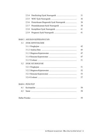 iv | K e p e r a w a t a n M u s k u l o s k e l e t a l 2
2.3.4 Patofisiologi Syok Neurogenik ........................................ 31
2.3.5 WOC Syok Neurogenik ................................................... 36
2.3.6 Pemeriksaan Diagnostik Syok Neurogenik ...................... 38
2.3.7 Penatalaksanaan Syok Neurogenik .................................. 38
2.3.8 Komplikasi Syok Neurogenik .......................................... 41
2.3.9 Prognosis Syok Neurogenik ............................................. 41
BAB 3 : ASUHAN KEPERAWATAN
3.1 SYOK HIPOVOLEMIK
3.1.1 Pengkajian .......................................................................... 42
3.1.2 Analisa Data ....................................................................... 45
3.1.3 Diagnosa Keperawatan ....................................................... 47
3.1.4 Rencana Keperawatan ........................................................ 47
3.1.5 Evaluasi .............................................................................. 51
3.2 SYOK NEUROGENIK
3.2.1 Pengkajian .......................................................................... 51
3.2.2 Diagnosa Keperawatan ....................................................... 52
3.2.3 Rencana Keperawatan ........................................................ 53
3.2.4 Evaluasi .............................................................................. 57
BAB 4 : PENUTUP
4.1 Kesimpulan .................................................................................. 58
4.2 Saran ............................................................................................ 58
Daftar Pustaka ............................................................................................ 59
 