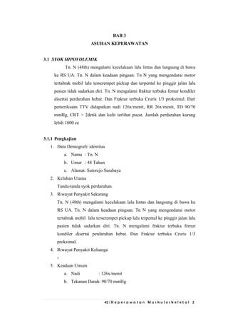 42 | K e p e r a w a t a n M u s k u l o s k e l e t a l 2
BAB 3
ASUHAN KEPERAWATAN
3.1 SYOK HIPOVOLEMIK
Tn. N (48th) mengalami kecelakaan lalu lintas dan langsung di bawa
ke RS UA. Tn. N dalam keadaan pingsan. Tn N yang mengendarai motor
tertabrak mobil lalu terserempet pickup dan terpental ke pinggir jalan lalu
pasien tidak sadarkan diri. Tn. N mengalami fraktur terbuka femur kondiler
disertai perdarahan hebat. Dan Fraktur terbuka Cruris 1/3 proksimal. Dari
pemeriksaan TTV didapatkan nadi 126x/menit, RR 26x/menit, TD 90/70
mmHg, CRT > 2detik dan kulit terlihat pucat. Jumlah perdarahan kurang
lebih 1800 cc
3.1.1 Pengkajian
1. Data Demografi/ identitas
a. Nama : Tn. N
b. Umur : 48 Tahun
c. Alamat: Sutorejo Surabaya
2. Keluhan Utama
Tanda-tanda syok perdarahan.
3. Riwayat Penyakit Sekarang
Tn. N (48th) mengalami kecelakaan lalu lintas dan langsung di bawa ke
RS UA. Tn. N dalam keadaan pingsan. Tn N yang mengendarai motor
tertabrak mobil lalu terserempet pickup lalu terpental ke pinggir jalan lalu
pasien tidak sadarkan diri. Tn. N mengalami fraktur terbuka femur
kondiler disertai perdarahan hebat. Dan Fraktur terbuka Cruris 1/3
proksimal.
4. Riwayat Penyakit Keluarga
-
5. Keadaan Umum
a. Nadi : 126x/menit
b. Tekanan Darah: 90/70 mmHg
 