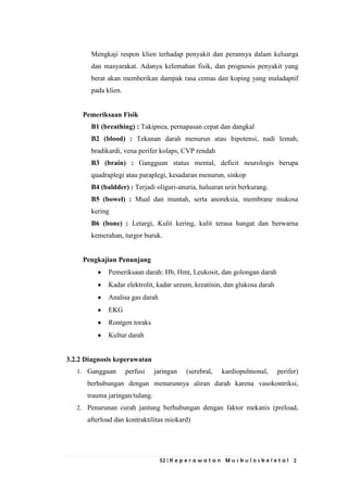 52 | K e p e r a w a t a n M u s k u l o s k e l e t a l 2
Mengkaji respon klien terhadap penyakit dan perannya dalam keluarga
dan masyarakat. Adanya kelemahan fisik, dan prognosis penyakit yang
berat akan memberikan dampak rasa cemas dan koping yang maladaptif
pada klien.
Pemeriksaan Fisik
B1 (breathing) : Takipnea, pernapasan cepat dan dangkal
B2 (blood) : Tekanan darah menurun atau hipotensi, nadi lemah,
bradikardi, vena perifer kolaps, CVP rendah
B3 (brain) : Gangguan status mental, deficit neurologis berupa
quadraplegi atau paraplegi, kesadaran menurun, sinkop
B4 (baldder) : Terjadi oliguri-anuria, haluaran urin berkurang.
B5 (bowel) : Mual dan muntah, serta anoreksia, membrane mukosa
kering
B6 (bone) : Letargi, Kulit kering, kulit terasa hangat dan berwarna
kemerahan, turgor buruk.
Pengkajian Penunjang
Pemeriksaan darah: Hb, Hmt, Leukosit, dan golongan darah
Kadar elektrolit, kadar ureum, kreatinin, dan glukosa darah
Analisa gas darah
EKG
Rontgen toraks
Kultur darah
3.2.2 Diagnosis keperawatan
1. Gangguan perfusi jaringan (serebral, kardiopulmonal, perifer)
berhubungan dengan menurunnya aliran darah karena vasokontriksi,
trauma jaringan/tulang.
2. Penurunan curah jantung berhubungan dengan faktor mekanis (preload,
afterload dan kontraktilitas miokard)
 