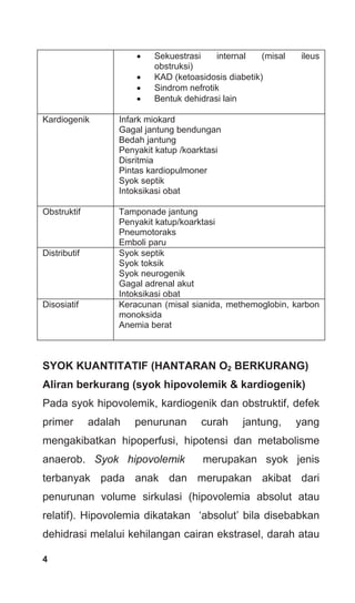 4
• Sekuestrasi internal (misal ileus
obstruksi)
• KAD (ketoasidosis diabetik)
• Sindrom nefrotik
• Bentuk dehidrasi lain
Kardiogenik Infark miokard
Gagal jantung bendungan
Bedah jantung
Penyakit katup /koarktasi
Disritmia
Pintas kardiopulmoner
Syok septik
Intoksikasi obat
Obstruktif Tamponade jantung
Penyakit katup/koarktasi
Pneumotoraks
Emboli paru
Distributif Syok septik
Syok toksik
Syok neurogenik
Gagal adrenal akut
Intoksikasi obat
Disosiatif Keracunan (misal sianida, methemoglobin, karbon
monoksida
Anemia berat
SYOK KUANTITATIF (HANTARAN O2 BERKURANG)
Aliran berkurang (syok hipovolemik & kardiogenik)
Pada syok hipovolemik, kardiogenik dan obstruktif, defek
primer adalah penurunan curah jantung, yang
mengakibatkan hipoperfusi, hipotensi dan metabolisme
anaerob. Syok hipovolemik merupakan syok jenis
terbanyak pada anak dan merupakan akibat dari
penurunan volume sirkulasi (hipovolemia absolut atau
relatif). Hipovolemia dikatakan ‘absolut’ bila disebabkan
dehidrasi melalui kehilangan cairan ekstrasel, darah atau
 