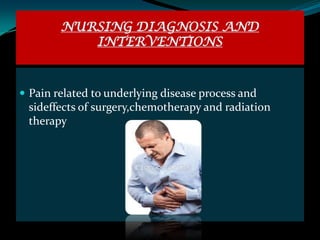 NURSING DIAGNOSIS AND
           INTERVENTIONS



 Pain related to underlying disease process and
 sideffects of surgery,chemotherapy and radiation
 therapy
 