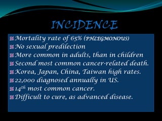 INCIDENCE
Mortality rate of 65% (PHLEGMONOUS)
No sexual predilection
More common in adults, than in children
Second most common cancer-related death.
Korea, Japan, China, Taiwan high rates.
22,000 diagnosed annually in US.
14th most common cancer.
Difficult to cure, as advanced disease.
 