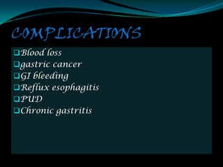 COMPLICATIONS
Blood loss
gastric cancer
GI bleeding
Reflux esophagitis
PUD
Chronic gastritis
 