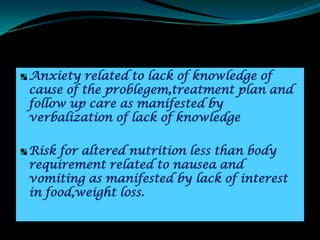 Anxiety related to lack of knowledge of
cause of the problegem,treatment plan and
follow up care as manifested by
verbalization of lack of knowledge

Risk for altered nutrition less than body
requirement related to nausea and
vomiting as manifested by lack of interest
in food,weight loss.
 