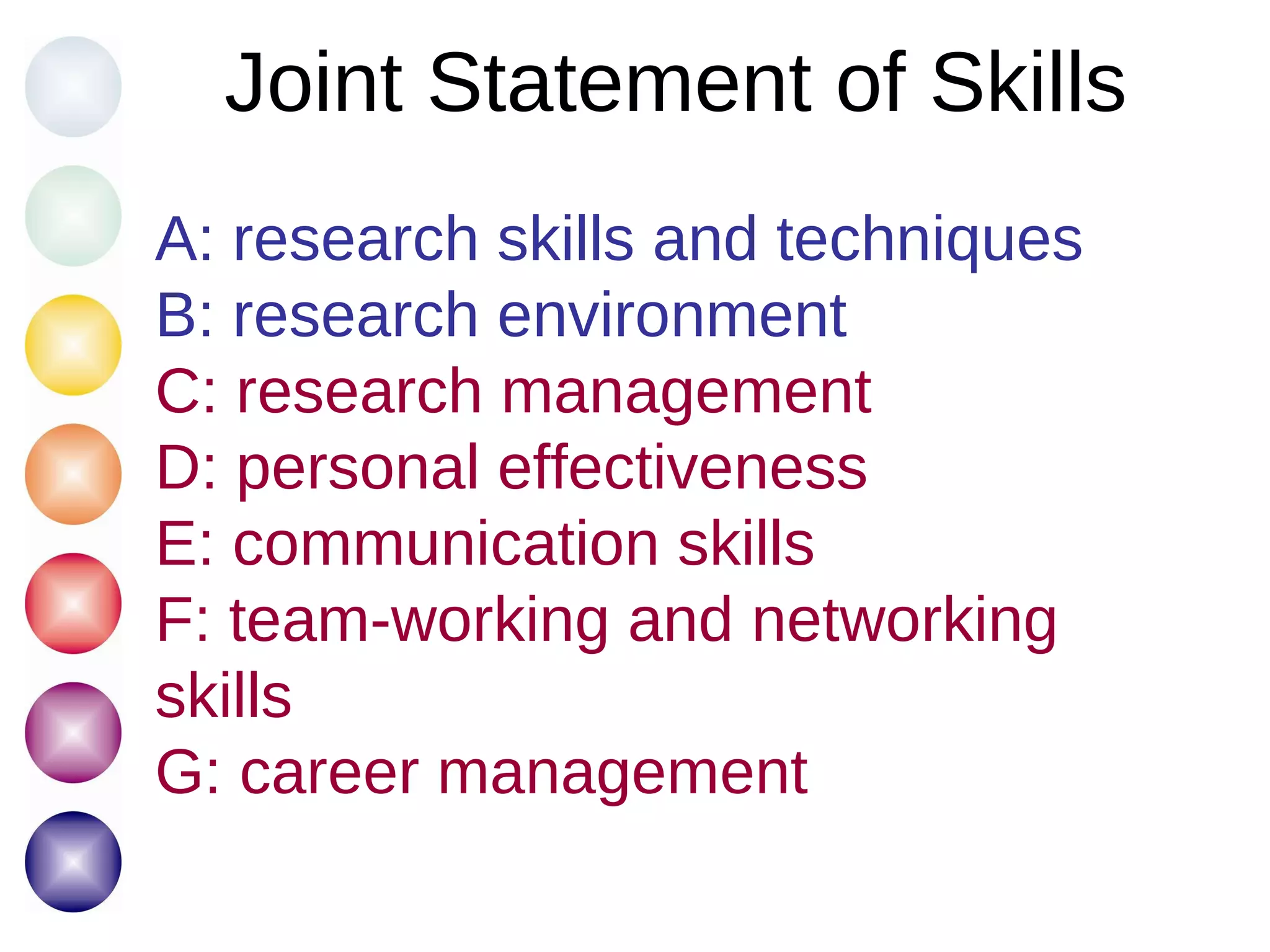 A: research skills and techniques  B: research environment   C: research management  D: personal effectiveness  E: communication skills  F: team-working and networking skills  G: career management   Joint Statement of Skills 