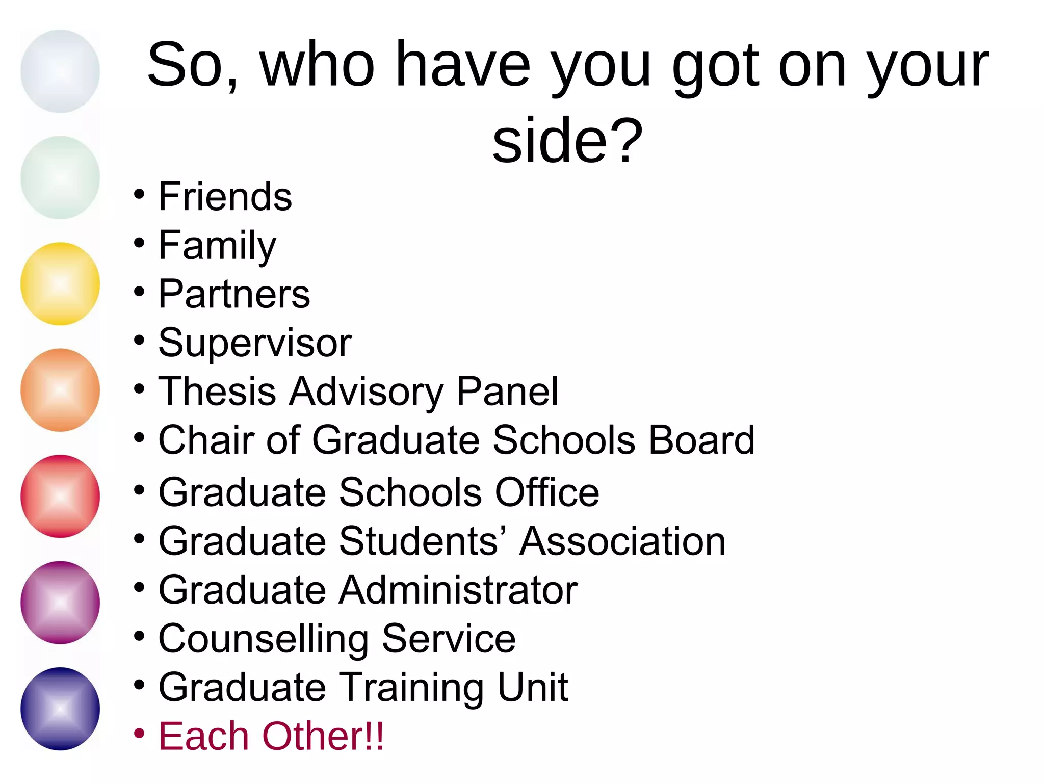 So, who have you got on your side? Friends Family  Partners Supervisor Thesis Advisory Panel Chair of Graduate Schools Board Graduate Schools Office Graduate Students’ Association Graduate Administrator Counselling Service Graduate Training Unit Each Other!! 