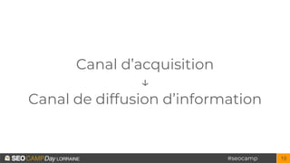 #seocamp
Canal d’acquisition
↓
Canal de diffusion d’information
19
 