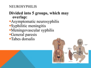 NEUROSYPHILIS
Divided into 5 groups, which may
overlap:
Asymptomatic neurosyphilis
Syphilitic meningitis
Meningovascular syphilis
General paresis
Tabes dorsalis
 