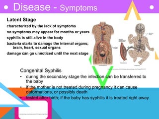 Disease - Symptoms
Latent Stage
characterized by the lack of symptoms
no symptoms may appear for months or years
syphilis is still alive in the body
bacteria starts to damage the internal organs;
brain, heart, sexual organs
damage can go unnoticed until the next stage
Congenital Syphilis
• during the secondary stage the infection can be transferred to
the baby
• if the mother is not treated during pregnancy it can cause
deformations, or possibly death
• tested after birth; if the baby has syphilis it is treated right away
http://services.epnet.com/GetImage.aspx/getImage.aspx?ImageIID=6227
http://www.neonatology.org/classics/hess1922/figures/fig168.gif
 