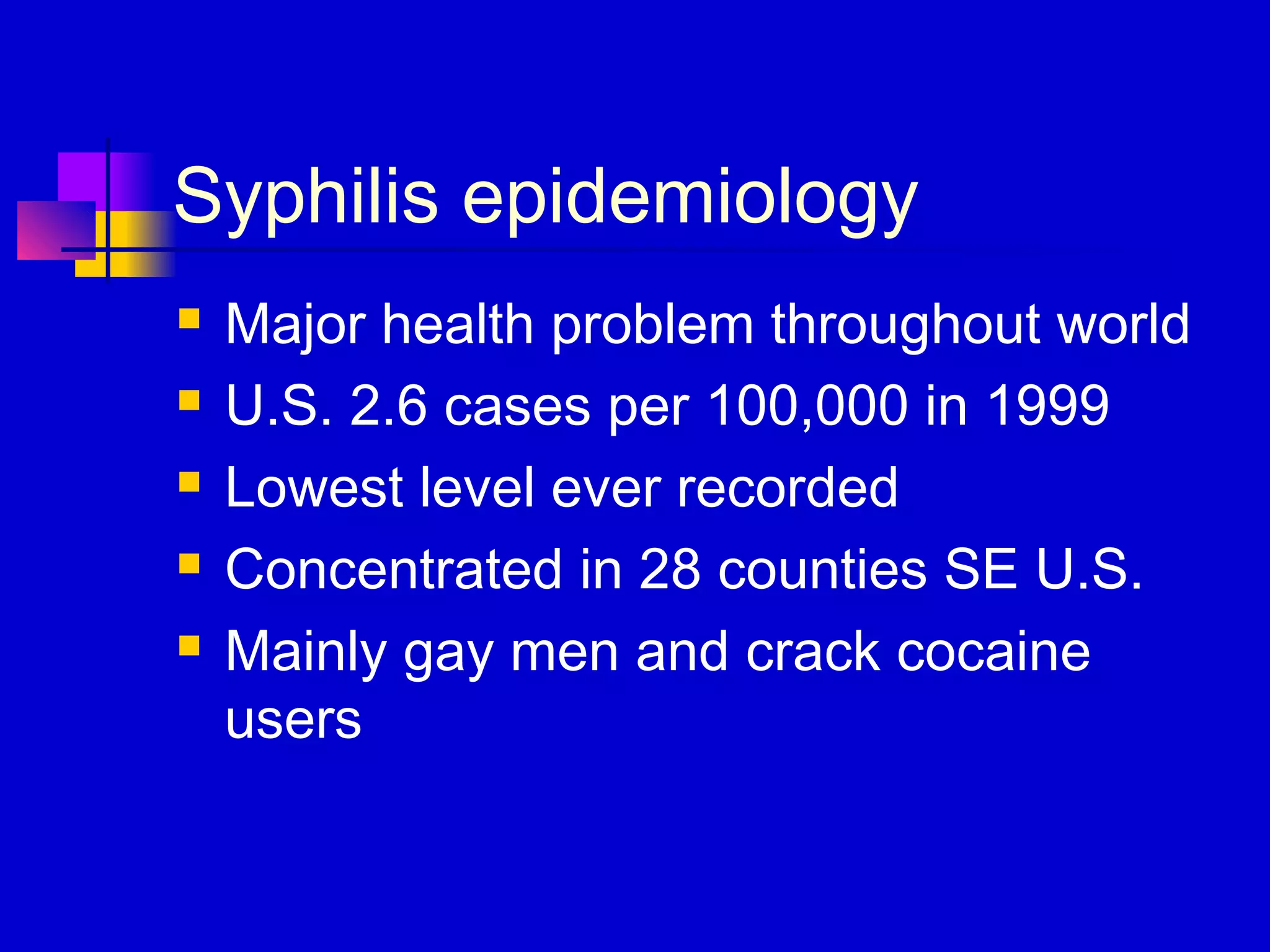 Syphilis epidemiology
 Major health problem throughout world
 U.S. 2.6 cases per 100,000 in 1999
 Lowest level ever recorded
 Concentrated in 28 counties SE U.S.
 Mainly gay men and crack cocaine
users
 