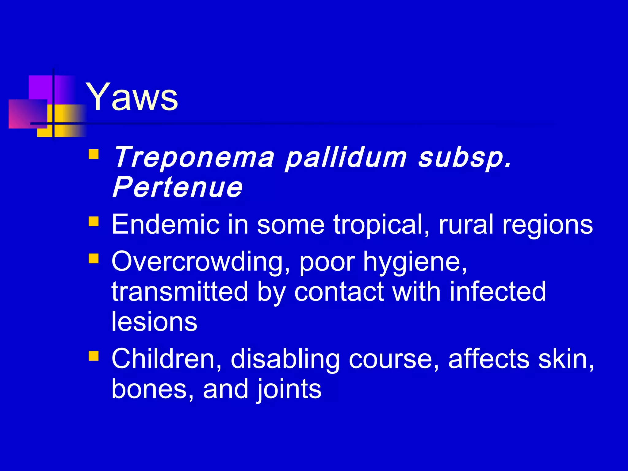 Yaws
 Treponema pallidum subsp.
Pertenue
 Endemic in some tropical, rural regions
 Overcrowding, poor hygiene,
transmitted by contact with infected
lesions
 Children, disabling course, affects skin,
bones, and joints
 