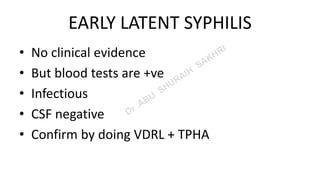 EARLY LATENT SYPHILIS
• No clinical evidence
• But blood tests are +ve
• Infectious
• CSF negative
• Confirm by doing VDRL + TPHA
 