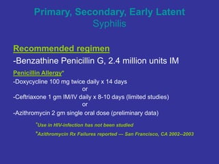 Primary, Secondary, Early Latent
Syphilis
Recommended regimen
-Benzathine Penicillin G, 2.4 million units IM
Penicillin Allergy*
-Doxycycline 100 mg twice daily x 14 days
or
-Ceftriaxone 1 gm IM/IV daily x 8-10 days (limited studies)
or
-Azithromycin 2 gm single oral dose (preliminary data)
*Use in HIV-infection has not been studied
*Azithromycin Rx Failures reported --- San Francisco, CA 2002--2003
 