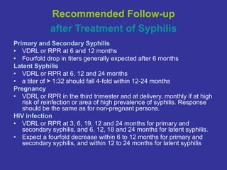Recommended Follow-up
after Treatment of Syphilis
Primary and Secondary Syphilis
• VDRL or RPR at 6 and 12 months
• Fourfold drop in titers generally expected after 6 months
Latent Syphilis
• VDRL or RPR at 6, 12 and 24 months
• a titer of > 1:32 should fall 4-fold within 12-24 months
Pregnancy
• VDRL or RPR in the third trimester and at delivery, monthly if at high
risk of reinfection or area of high prevalence of syphilis. Response
should be the same as for non-pregnant persons.
HIV infection
• VDRL or RPR at 3, 6, 19, 12 and 24 months for primary and
secondary syphilis, and 6, 12, 18 and 24 months for latent syphilis.
• Expect a fourfold decrease within 6 to 12 months for primary and
secondary syphilis, and within 12 to 24 months for latent syphilis
 