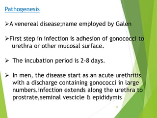 22
Pathogenesis
A venereal disease;name employed by Galen
First step in infection is adhesion of gonococci to
urethra or...