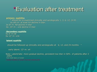 Evaluation after treatmentEvaluation after treatment**
primary syphilis:
* should be re-examined clinically and serologically 1, 3, 6, 12, 24 M.* should be re-examined clinically and serologically 1, 3, 6, 12, 24 M.
by 6th m: at least X4 decline in titer.by 6th m: at least X4 decline in titer.
by 8by 8thth
m: X8 decline in titerm: X8 decline in titer..
by 24by 24thth
m : x16 decline in titerm : x16 decline in titer..
Secondary syphilis:
by 6by 6thth
m:x8m:x8
by 12by 12thth
m: x16m: x16
latent syphilis
**should be followed up clinically and serologically at 6, 12, and 24 monthsshould be followed up clinically and serologically at 6, 12, and 24 months
early latent: 12early latent: 12thth
m: x4m: x4
Note: Latent/late: more gradual decline, persistent low titer in 50% of patients after 2Note: Latent/late: more gradual decline, persistent low titer in 50% of patients after 2
yearsyears..
**Public Health Agency of CanadaPublic Health Agency of Canada..
Canadian Guidelines on Sexually Transmitted Infections,2008Canadian Guidelines on Sexually Transmitted Infections,2008
 