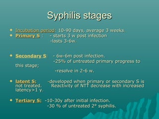 Syphilis stagesSyphilis stages
 Incubation periodIncubation period:: 10-90 days, average 3 weeks10-90 days, average 3 weeks..
 Primary SPrimary S :: - starts 3 w post infection- starts 3 w post infection
-lasts 3-6w-lasts 3-6w..
 Secondary S:: - 6w-6m post infection.- 6w-6m post infection.
-25% of untreated primary progress to-25% of untreated primary progress to
this stage;this stage;
-resolve in 2-6 w.-resolve in 2-6 w.
 latent S:latent S: --developed when primary or secondary S isdeveloped when primary or secondary S is
not treated. Reactivity of NTT decrease with increasednot treated. Reactivity of NTT decrease with increased
latency>1 ylatency>1 y..
 Tertiary S:Tertiary S: -10-30y after initial infection.-10-30y after initial infection.
-30 % of untreated 2° syphilis.-30 % of untreated 2° syphilis.
 